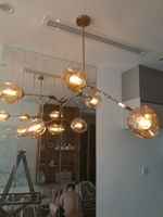 Đèn chùm Lindsey ngang thân mạ đồng 7 chao thủy tinh hổ phách đui E27x7(chưa bóng)_TH155, KT(mm):